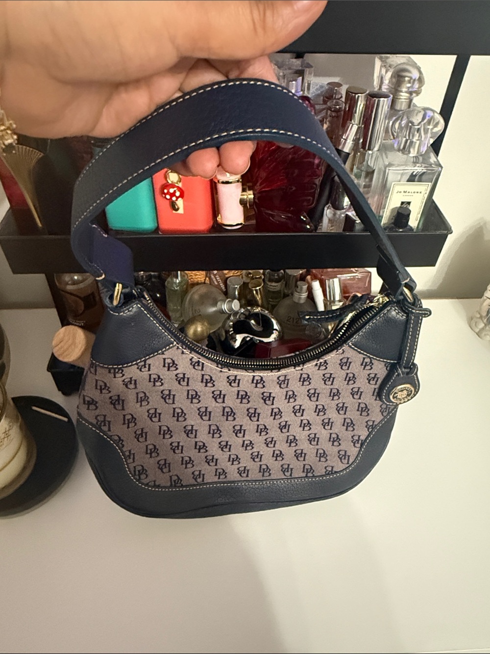 Designer-Inspired Navy and Beige Monogram Shoulder Bag